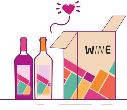 Ilustração de duas garrafas de vinho ao lado de uma WineBox,