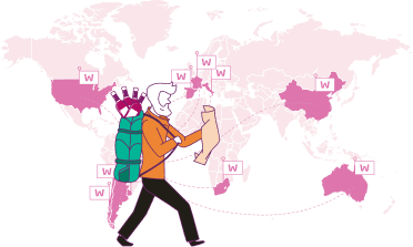 Em primeiro plano, um wine hunter segurando um mapa e uma bolsa contendo alguns dos nossos vinhos pré-selecionados de diversas regiões do mundo. Ao fundo, uma ilustração do mapa mundi ilustrando as regiões de nossas principais vinícolas